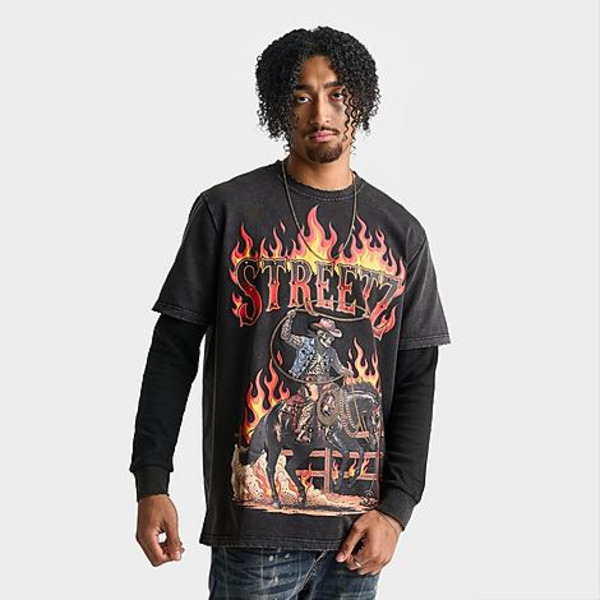 Streetz Is Watchin Men's Rodeo 2Fer Layered Long-Sleeve T-Shirt, M - Black