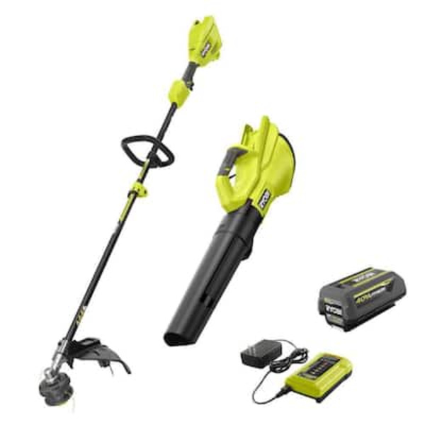 Ryobi 40v Cordless Attachment Capable 15" String Trimmer & 550 Cfm 120 Mph Blower Combo Kit With 4.0 Ah Battery & Charger