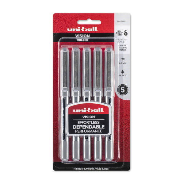 Uni-Ball Vision Fine Point Liquid Ink Rollerball Pens - Silver Barrel & Black Ink - 0.7 mm