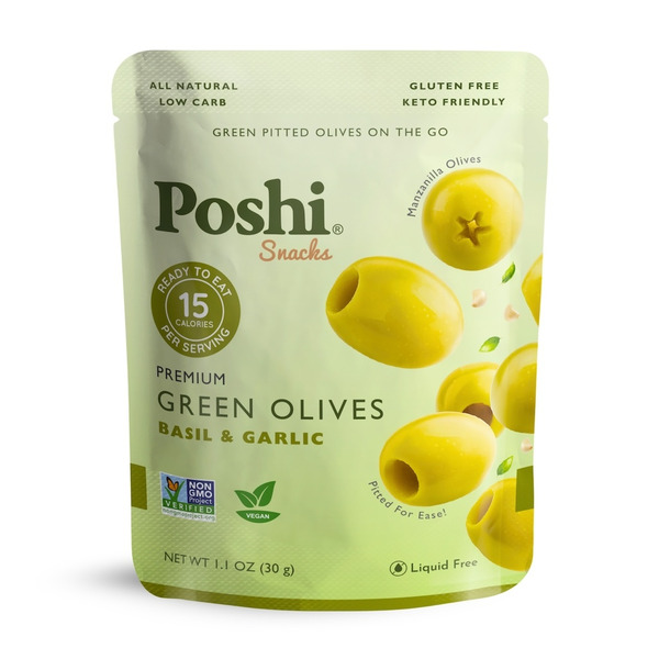 Poshi Basil & Garlic Pitted Green Olives Same-Day Delivery