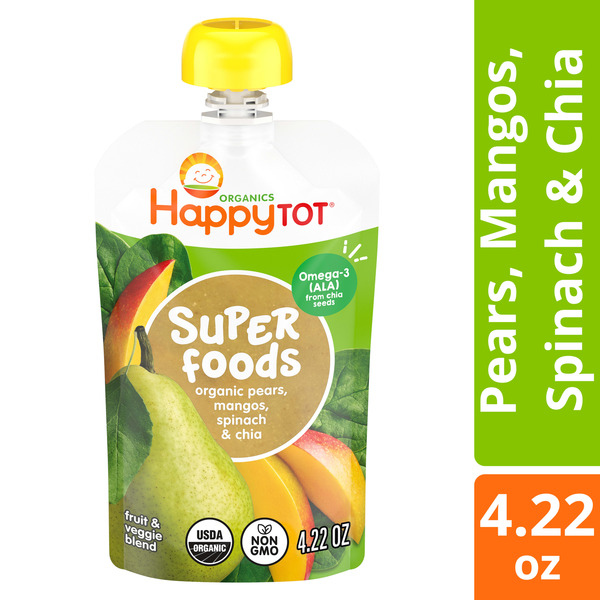 Happy Tot Organics Stage 4 Baby Food Pouches, Gluten Free, Vegan Snack, SuperFoods Fruit & Veggie Puree, Pears, Mango, Spinach & Chia, 4.22 Ounce (Pack of 1)