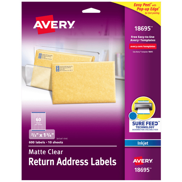 Avery 18695 2/3" x 1-3/4" 600 Labels Matte Clear Sure Feed Technology & Inkjet Return Address Labels