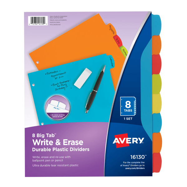 Avery 16130 Multicolor Write & Erase Plastic Big Tab Dividers