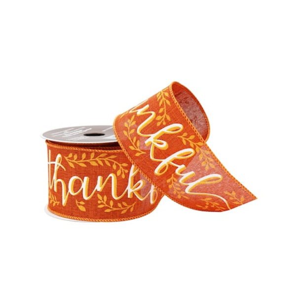 Celebrate It Thankful Wired Faux Linen Ribbon, 2.5" x 6.6 yd - Orange