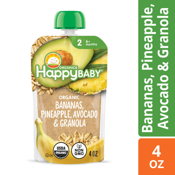Happy Baby Organics Organics Stage 2 Baby Food Pouches, Gluten Free, Vegan & Healthy Snack, Clearly Crafted Fruit & Veggie Puree, Bananas, Pineapples, Avocado & Granola, 4 oz.