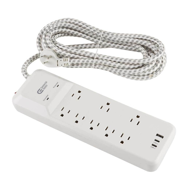 Commercial Electric 12 Ft. 8-outlet Surge Protector Braided Cord With 1 Usb-a And 2 Usb-c, White