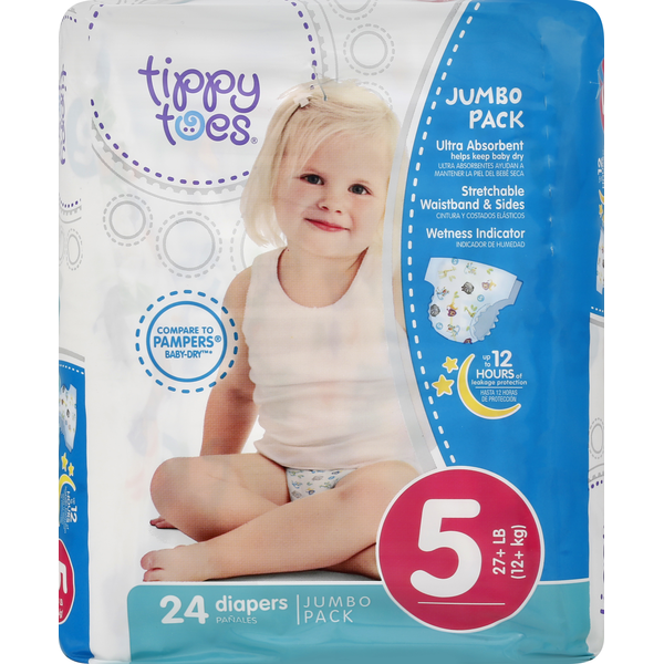 Tippy Toes by TopCare Diapers, Stage 5 27+LB (12+ KG), Jumbo Pack (24