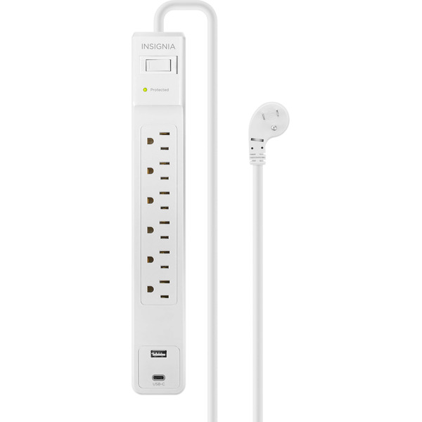 Insignia 6-Outlet 1-USB-C 1-USB 1,800 Joules Surge Protector Strip With Power Cord - White