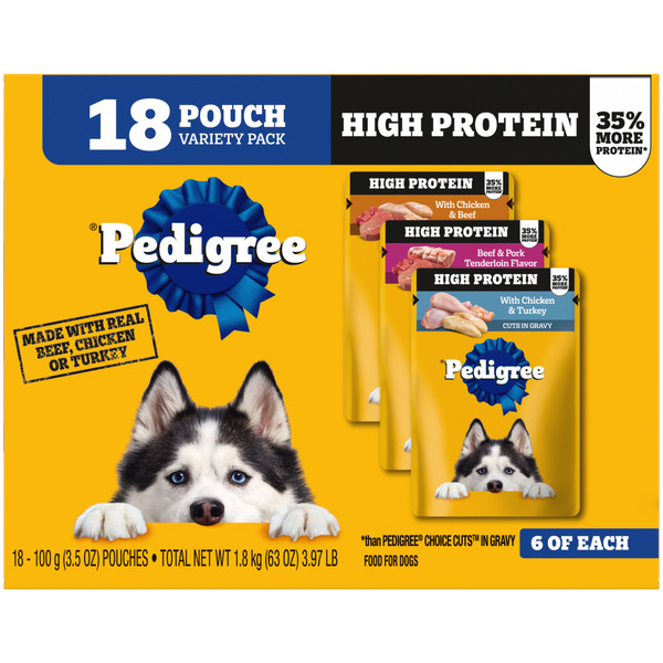 Pedigree High Protein Adult Wet Dog Food Variety Pack, (18) 3.5 oz. Pouches (With Chicken & Turkey, Beef & Pork Tenderloin, and With Chicken & Beef)