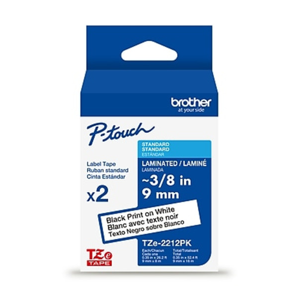 Brother P-touch TZe2212PK Laminated Black on White Label Tape, 3/8 in x 26.2 ft
