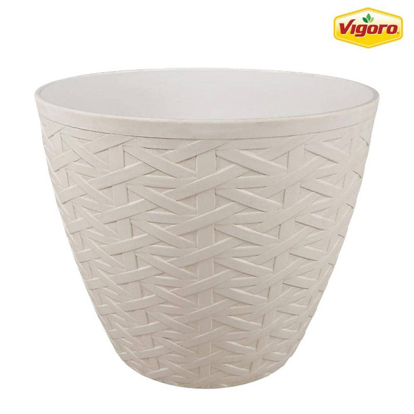 Vigoro 13 In. Kingfield 15.5 Qt. Beige Resin Round Outdoor Planter With Drainage Holes (13 In. D X 10.75 In. H)