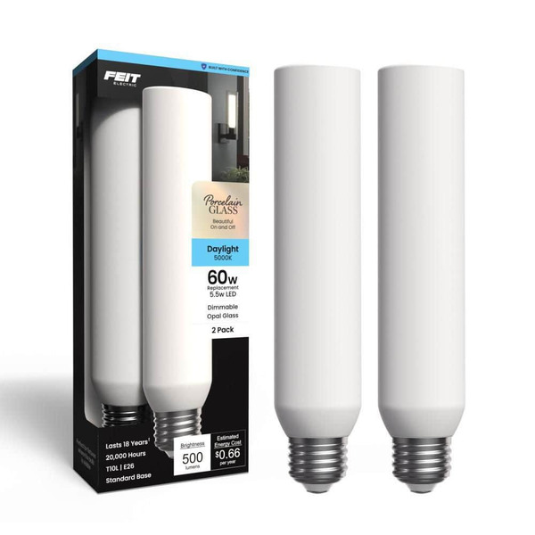Feit Electric 60-watt Equiv. T10l Dimmable Straight Filament Opal E26 Vintage Edison Tubular Led Light Bulb, Daylight 5000k (2-pack)
