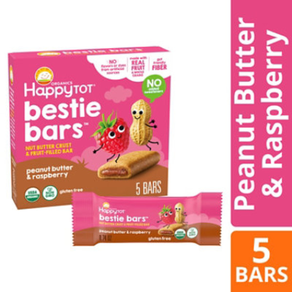 Happy Tot Organics Bestie Bars Nut Butter Crust & Fruit-Filled Snack Bars, Organic Toddler Snacks with Gut-Friendly Fiber, Peanut Butter & Raspberry, 5 Count