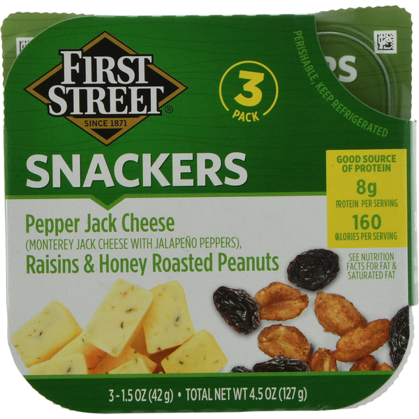 First Street Snackers, Pepper Jack Cheese/Raisins & Honey Roasted Peanuts, 3 Pack