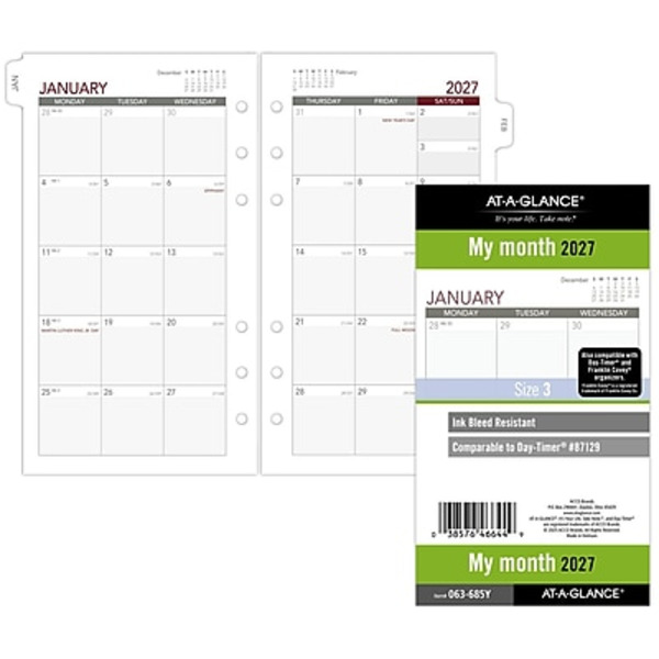 AT-A-GLANCE 2027 Monthly Planner Refill, 6.75 x 3.75 in - White/Gray