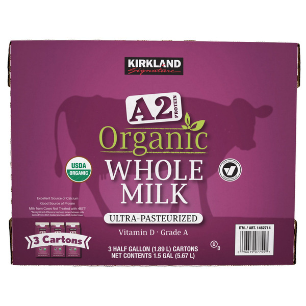 Kirkland Signature Organic A2 Whole Milk, Half Gallon, 3-count