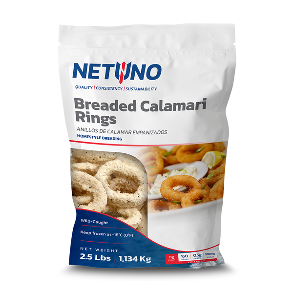 NETUNO Squid Calamari Breaded Rings 2.5 lb. Box � Tenderized, 30% Panko Breading