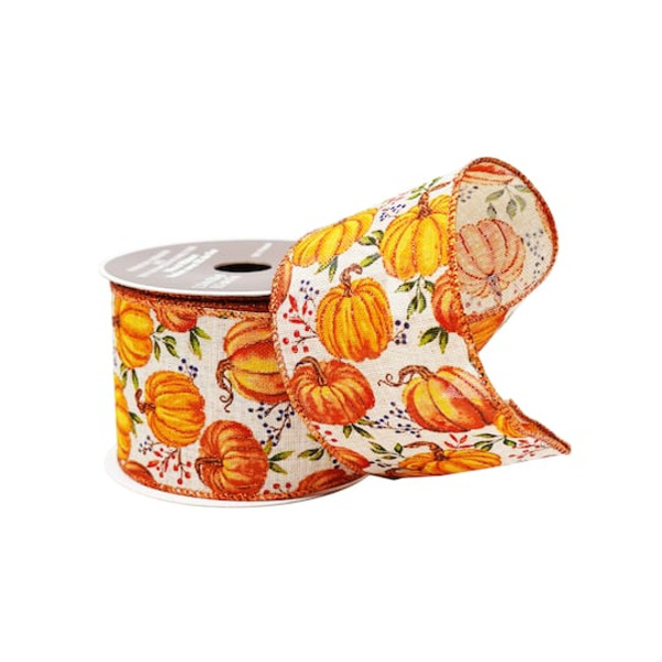 Celebrate It Pumpkins Wired Faux Linen Ribbon, 2.5 in