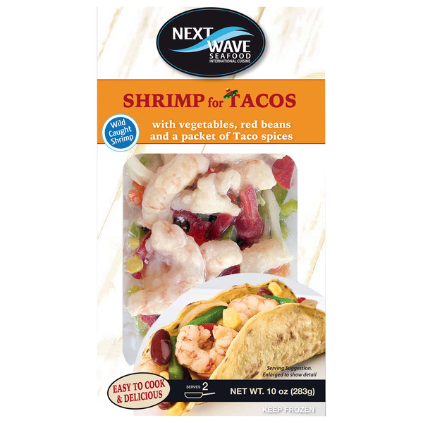 Next Wave Seafood Shrimp for Tacos with veggies, red beans & pack