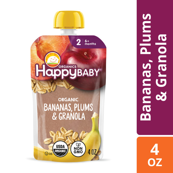 Happy Baby Organics Organics Stage 2 Baby Food Pouches, Gluten Free, Vegan & Healthy Snack, Clearly Crafted Fruit & Veggie Puree, Bananas, Plums & Granola, 4 oz.