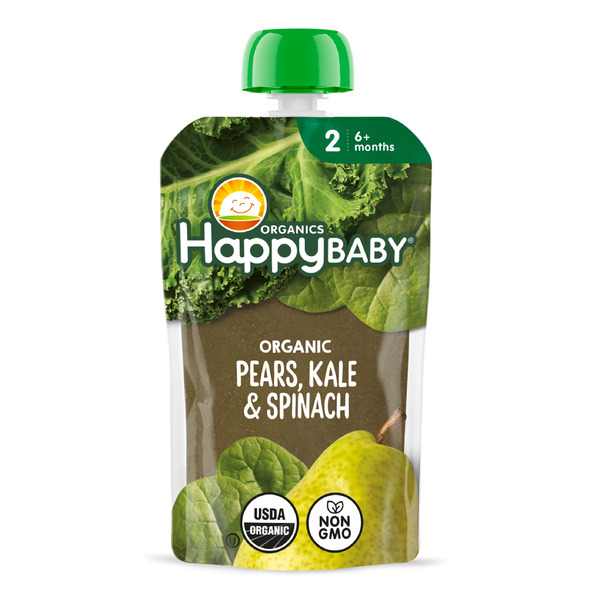 Happy Baby Organics Organics Stage 2 Baby Food Pouches, Gluten Free, Vegan & Healthy Snack, Clearly Crafted Fruit & Veggie Puree, Pears, Kale & Spinach, 4 oz.