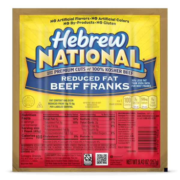 Hebrew National Kosher Reduced Fat Beef Franks Hot Dogs Same-Day