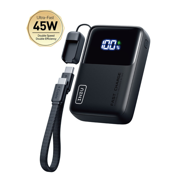 INIU Portable 10000mAh 45W PD Power Bank with USB-C Cable - Black