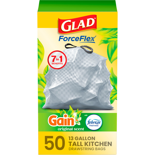 Glad ForceFlex 13.0-Gallon Gain original White Indoor Plastic Kitchen Drawstring Trash Bag 50 -Count