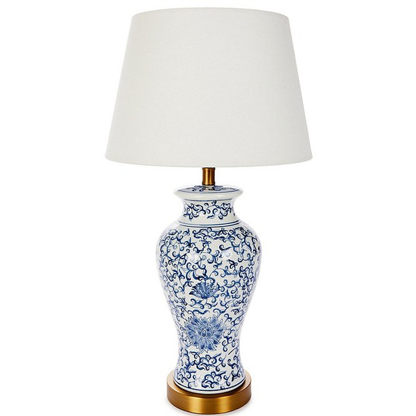 Southern Living Customizable Rechargeable Lamp Collection Large Floral Ceramic Table Lamp With Tapered Drum Shade