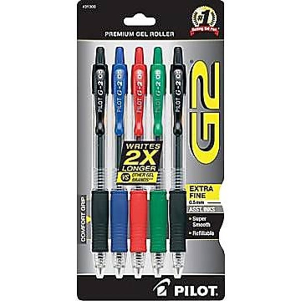 Pilot 31300 G2 Extra Fine Point Premium Refillable & Retractable Rolling Ball Gel Pen Pack With Assorted Color Inks