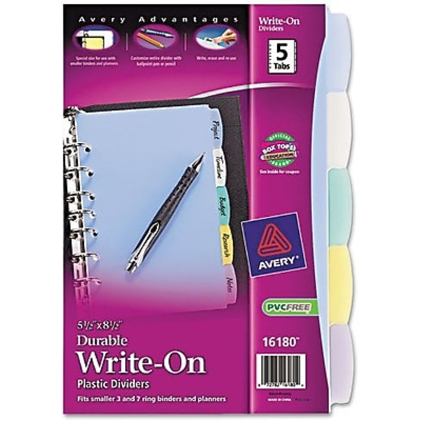Avery 16180 Assorted Colors 5-Tab Mini Write & Erase Plastic Blank Dividers