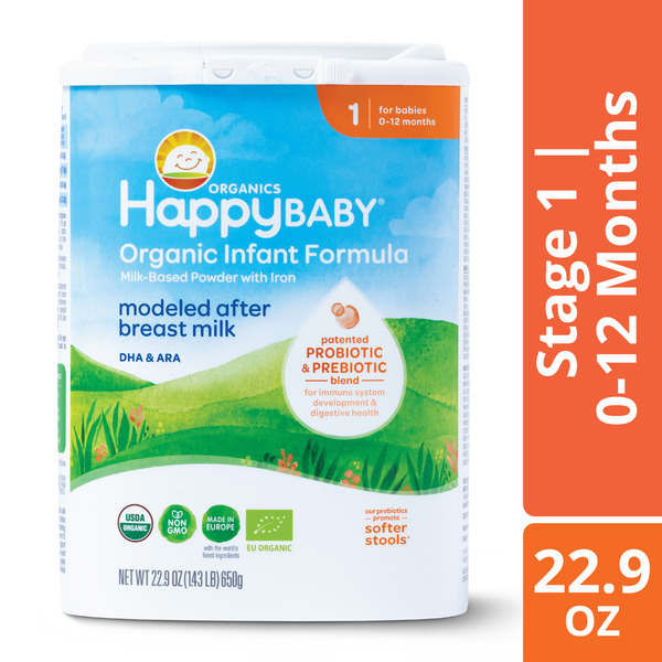 Happy Baby Organics Organics Stage 1 Infant Formula, 0-12 Months, Milk Based Organic Baby Formula Powder with Iron, Probiotics & Prebiotics for Immune & Digestive Support, 22.9 Ounce (Pack of 1)