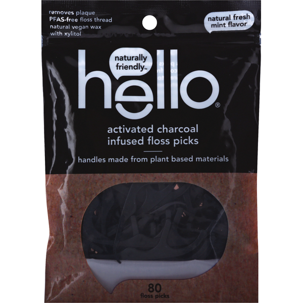 hello Floss Picks, Natural Fresh Mint Flavor, Activated Charcoal