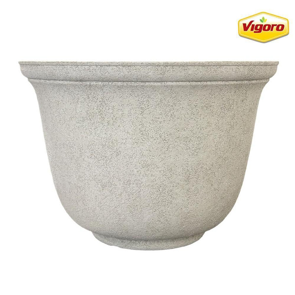 Vigoro 14 In. Elise Medium Beige Resin Round Planter With Optional Drainage Holes (14 In. L X 14 In. W X 9.8 In. H)