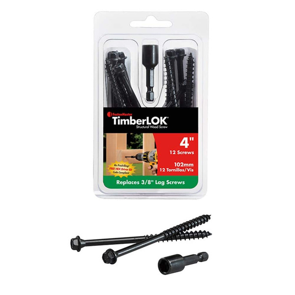 Fastenmaster Timberlok Structural Wood Screws - 4 Inch Wood Screws With Hex Head - Black (12 Pack)