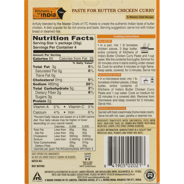 Kitchens Of India Paste For Butter Chicken Curry 3 5 Oz From