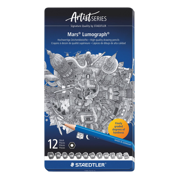 STAEDTLER Mars Lumograph Drawing Pencils, Twelve Degrees, in Metal Tin