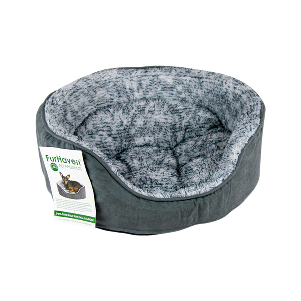 Fur Haven Two-Tone Faux Fur & Suede Oval Pet Lounge for Dogs & Cats - Gray