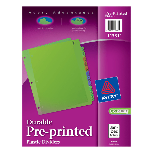 Avery 11331 12-Tab Multicolor January - December Preprinted Monthly Plastic Dividers Set