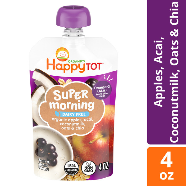 Happy Tot Stage 4 Baby Food Pouches, Gluten Free, Vegan & Dairy Free Snack, Super Morning Fruit & Oat Blend, Apple, Acai, Coconutmilk, Oats & Chia
