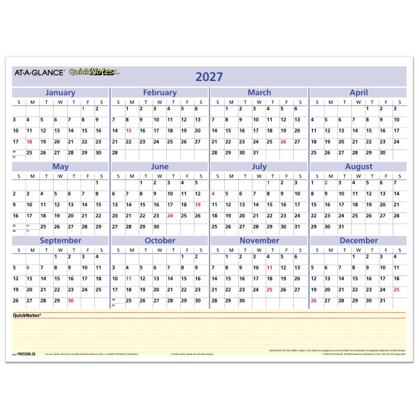 AT-A-GLANCE QuickNotes 2027 Reversible Erasable Monthly & Yearly Wall Calendar, 16 x 12 in
