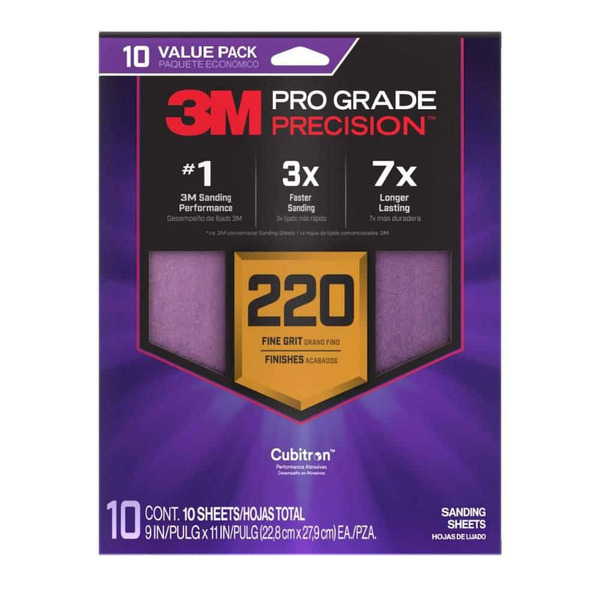 3m Pro Grade Precision 9 In. X 11 In. 220 Grit Faster Sanding Sheets With No-slip Grip Backing (10-pack)