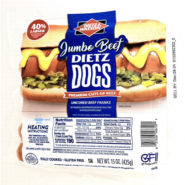 Dietz & Watson Beef Franks, Uncured, Jumbo Same-Day Delivery or