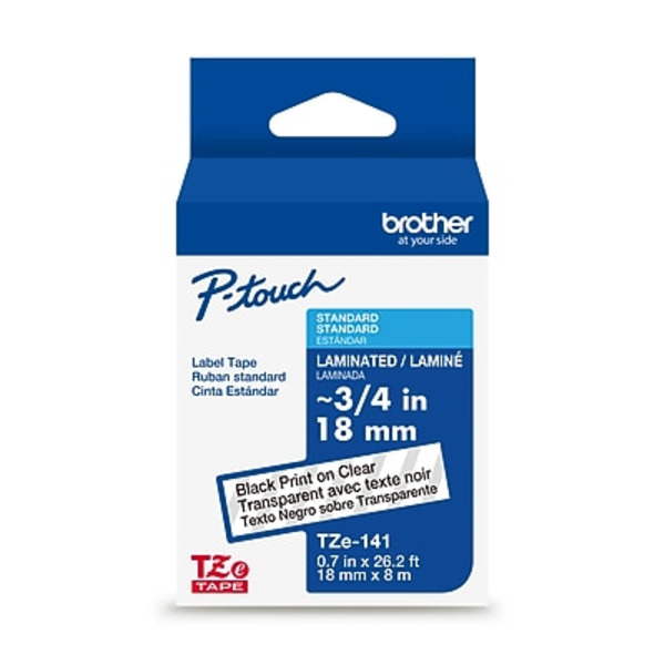 Brother P-touch TZe141 Laminated Black Print on Clear Label Tape, 3/4 in x 26.2 ft