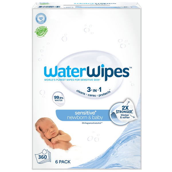 WaterWipes Sensitive+ Newborn & Baby Wipes, 3-In-1 Cleans, Cares, Protects, 99.9% Water