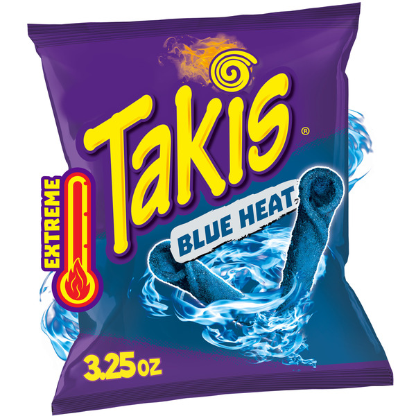 Takis Blue Heat 3.25 oz Snack Size Bag, Hot Chili Pepper Flavored Extreme Spicy Rolled Tortilla Chips