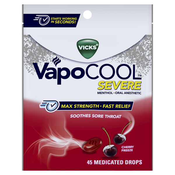 Vicks VapoCool Severe Medicated Sore Throat Drops, Menthol, Cherry
