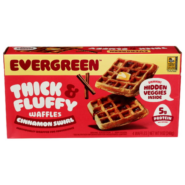 Evergreen Frozen Waffles Cinnamon Swirl Thick & Fluffy Waffles 4 Pack