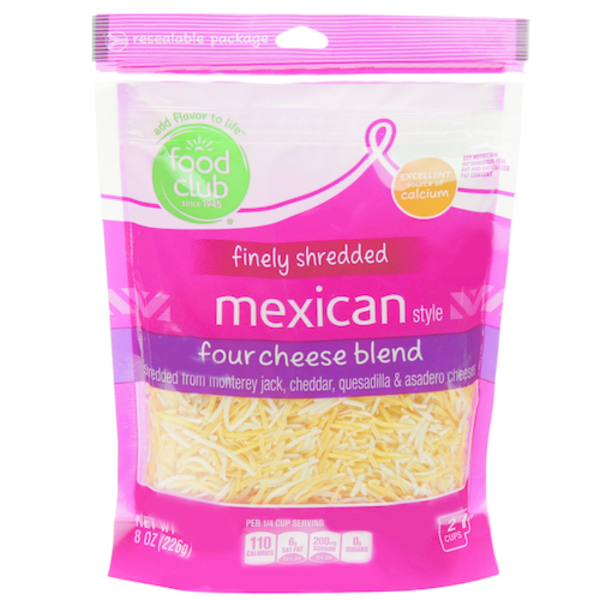Food Club Finely Shredded Cheese, Four Cheese Blend, Mexican Style