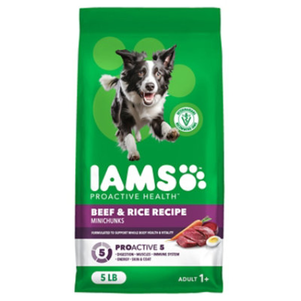 IAMS Proactive Health Adult Minichunks Dry Dog Food Beef & Rice Recipe, (4) 5 lb. Bag